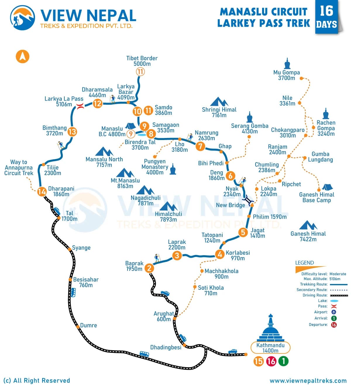 Manaslu Circuit Larke Pass trek 16 days route map