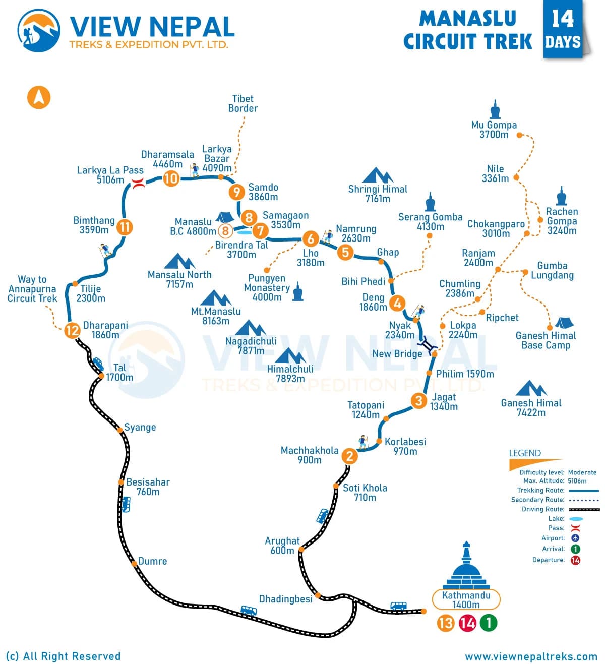 manaslu Circuit Trek 14 Days Route Map