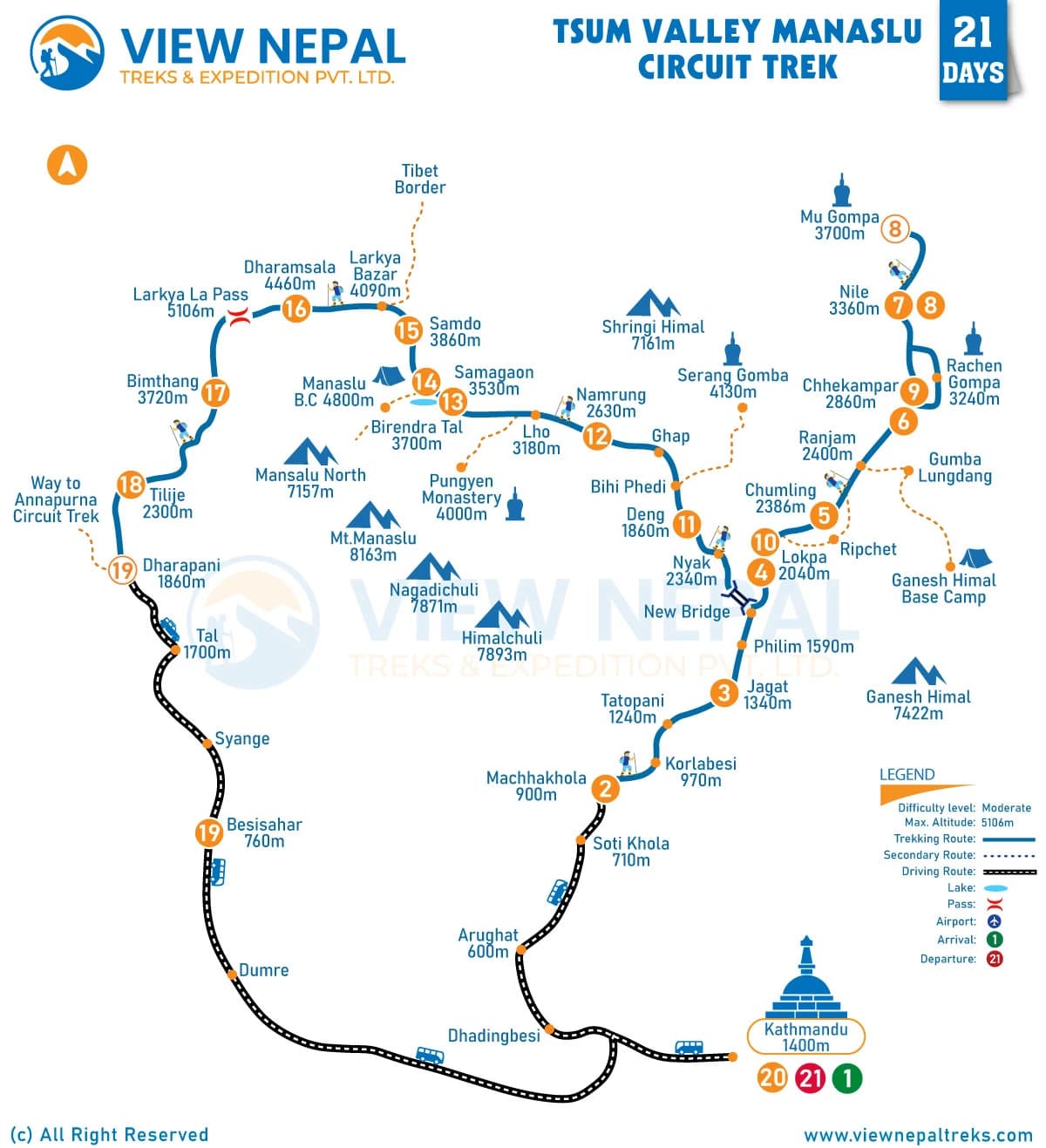 Manaslu Circuit with the Tsum Valley trek Route Map